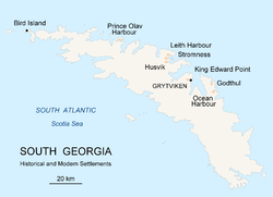 Localização de Grytviken nas Ilhas Geórgia do Sul e Sandwich do Sul