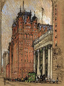 The Waldorf-Astoria at its original location, Fifth Avenue and 34th Street. Drawing by Joseph Pennell, c. 1904-08.