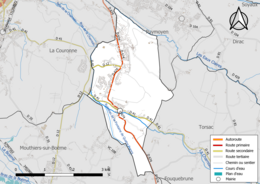 Carte en couleur présentant le réseau hydrographique de la commune