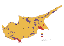 Etnische kaart van Cyprus in 1973. De gele kleur geeft de Grieks-Cyprioten aan, de paarse kleur de Turks-Cypriotische enclaves en de rode kleur de Britse bases.