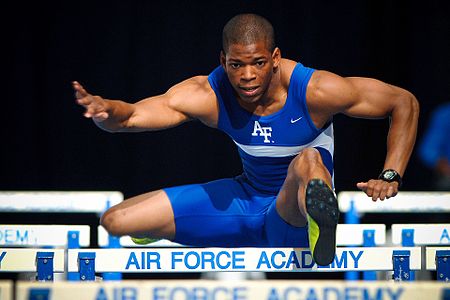 A United States Air Force Academy hurdler in a uniform