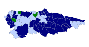 Color-coded map of Asturias, with most Asturian place-names official