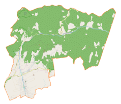 Mapa konturowa gminy Łękawica, na dole po lewej znajduje się punkt z opisem „Parafia Świętego Michała Archanioła”