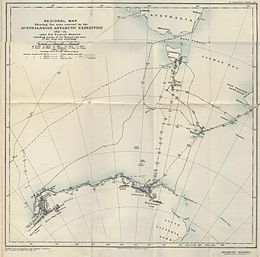 Carte de l'expédition antarctique australasienne montrant des zones de terra incognita.