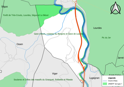 Carte des ZNIEFF de type 1 sur la commune.