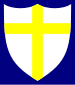 A yellow cross on a white shield