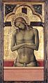 Homme de douleurs: Christ mort, debout dans le cercueil rouge, croix dans un trilobe. Lorenzo Monaco. Couleurs a tempera, or, bois; H. 62 cm, entre 1415 et 1417.