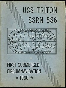 Title cover for the published log book of Operation Sandblast, USS TRITON SSRN 586 FIRST SUBMERGED CIRCUMNAVIGATION 1960, which shows a world map depicting the navigation track taken by the nuclear submarine USS Triton.