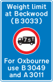 Location of weight restriction ahead with indication of an alternative route (may show a different restriction or that the restriction is gross weight rather than unladen weight)