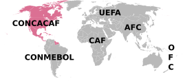 Kaart van de verschillende voetbalbonden, lidstaten van de CONCACAF zijn weergegeven in roze