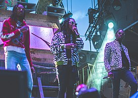 Migos в 2017 году. Слева направо: Quavo, Takeoff, Offset