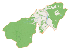 Mapa konturowa gminy Rytro, po lewej nieco na dole znajduje się punkt z opisem „źródło”, natomiast blisko centrum na prawo u góry znajduje się punkt z opisem „ujście”