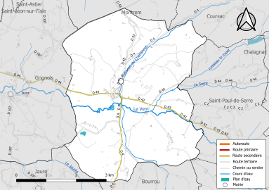 Carte en couleur présentant le réseau hydrographique de la commune