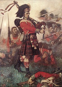 Highly stylised depiction of Highland regiment soldiers in battle, including a statuesque bagpiper