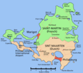 Mapa mostrando o Saint-Martin francés (norte) e Sint Maarten neerlandés (sur).