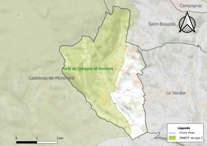 Carte de la ZNIEFF de type 2 sur la commune.