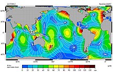 Map showing relative tidal magnitudes of different ocean areas