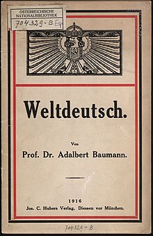 A book cover. The background of the cover is tan, with borders in black and red. At the top is an eagle with wings outspread to fill a rectangle. Below the eagle is the word 'Weltdeutsch' with information about the author and publisher of the book.