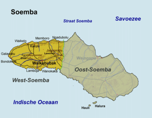 Map of Sumba Island, showing West Sumba Regency prior to the creation in 2007 of the new Southwest Sumba Regency and Central Sumba Regency from parts of West Sumba Regency.