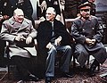 Winston Churchill in a British Warm coat; Stalin in a greatcoat, Yalta, 1945.