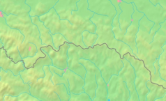 Mapa konturowa Beskidu Niskiego, u góry po prawej znajduje się czarny trójkącik z opisem „Sucha Góra”