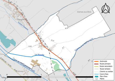 Carte en couleur présentant le réseau hydrographique de la commune