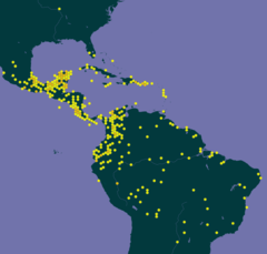 Mapa da distribuição de C. cujete no continente americano.