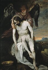 Alonso Cano, Le Christ mort porté par un ange, v. 1649, huile sur toile, 178 × 120 cm, Madrid, musée du Prado.