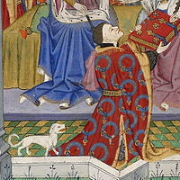 A Talbot Hound depicted in 1445 behind John Talbot, 1st Earl of Shrewsbury, presenting a book to Margaret of Anjou, Queen of England (illuminated miniature, Talbot Shrewsbury Book, British Library, Royal 15 E VI f. 2v)