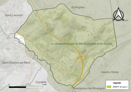 Carte de la ZNIEFF de type 2 sur la commune.