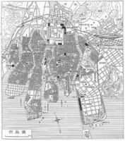 1930年ごろの広島市。太田川上流の鉄道橋からへ1つ下流側の橋（「火薬庫」と書かれている）が三篠橋。