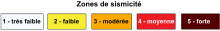 Légende de la carte des risques sismiques du département de la Loire-Atlantique. Blanc = très faible ; jaune = faible ; orange = modérée : rouge = moyenne ; noir = forte