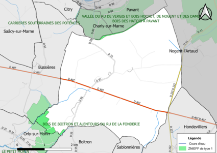 Carte des ZNIEFF de type 1 de la commune.