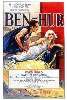 The theatrical poster for Ben-Hur (1925) depicting a man behaving in a sexually aggressive manner towards a woman cowaring from him.