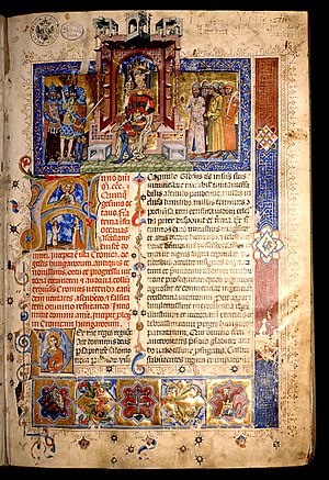 The first page of the Chronicon Pictum. King Louis I on the throne, below the Hungarian Anjou and the Hungarian coat of arms.