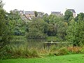 Le bras Est (celui de la Seiche) de l'étang de Marcillé-Robert, dominé par le bourg de Marcillé-Robert, vu depuis le lieu-dit "Le Rachat".