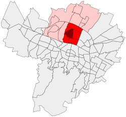 Mappa dei quartieri di Bologna, divisi in aree statistiche[2]. Posizione dell'Arcoveggio (in bordò) nell’ex-quartiere della Bolognina (rosso), nel Quartiere Navile (in rosa)