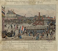 The execution of Couthon; the body of Adrien Nicolas Gobeau, ex-substitute of the public accuser Fouquier and member of the Commune, the first who suffered, is shown lying on the ground;[471][better source needed] Robespierre (#10) is shown holding a handkerchief to his mouth. Hanriot (#9) is covering his eye, which came out of its socket when he was arrested.