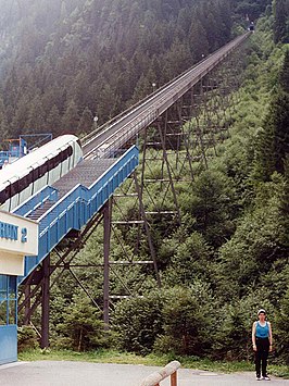 De kabeltrein in het valleistation, een paar weken voor de ramp. De brand brak uit vlak na de tunnelingang die op de foto zichtbaar is als een zwarte stip waar de brug eindigt.