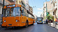 Image 121A ZiU-9 trolleybus in service in Piraeus, Greece, on the large Athens-area trolleybus system. The Russian-built ZiU-9 (also known as the ZiU-682), introduced in 1972, is the most numerous trolleybus model in history, with more than 45,000 built. In the 2000s it was effectively rendered obsolete by low-floor designs. (from Trolleybus)