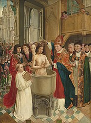 Colored painting showing a naked man being baptized