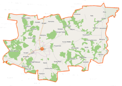 Mapa konturowa gminy Jedwabne, u góry nieco na prawo znajduje się punkt z opisem „Chrostowo”