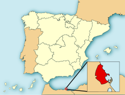 Location of Melilla relative to the rest of Spain (white).