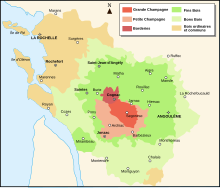 Carte des différentes zones de production du Cognac et du Pineau dans les deux Charentes : Pisany est en Bons Bois