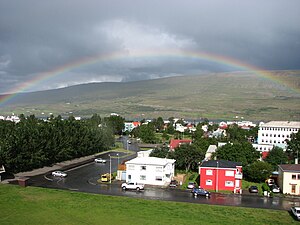 Regenboog over Akureyri, augustus 2009