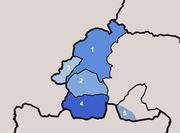 Mapa do dominio lingüístico galego ou galego-portugués nos 5 concellos das Portelas. Porto (1), Lubián (2), Pías (3), Hermisende (4), Pedralba de la Pradería (parroquia de Calabor) (5).