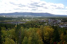 Malmberget år 2002 med Kaptensgropen i mitten. Till höger centrum med Focushuset. I fonden Gällivare och Dundret.