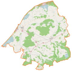 Mapa konturowa powiatu sławieńskiego, w centrum znajduje się punkt z opisem „Słowino”