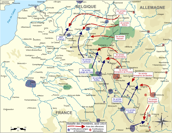 Carte montrant par des flèches les armées allemandes et françaises se fonçant droit dessus.