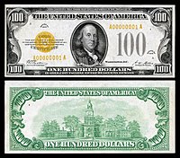 $100 Gold Certificate, Series 1928, Fr.2405, depicting Benjamin Franklin